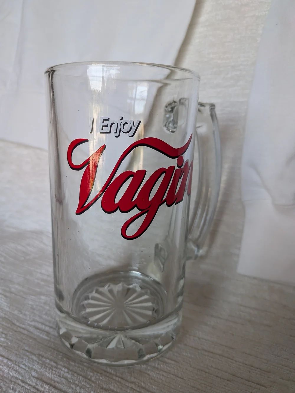Clear Glass Beer Mug with Red Script Writing Gag Gift Theme Heavy Item 28 Oz